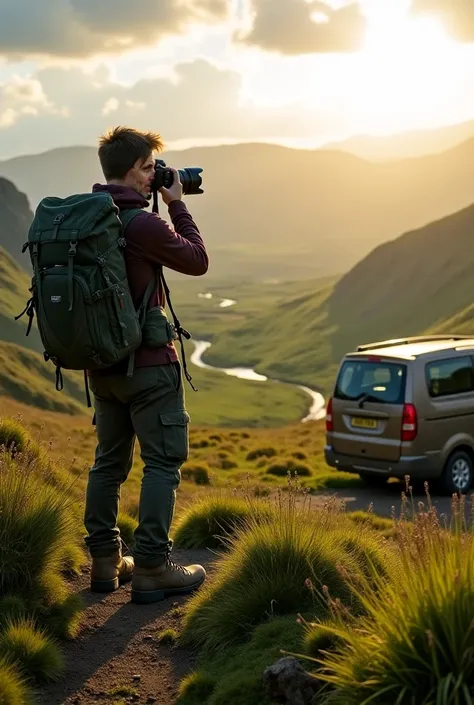 A hiker in Ireland with camera and van