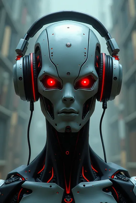 Evil robot head with headphones and 2D musical notes