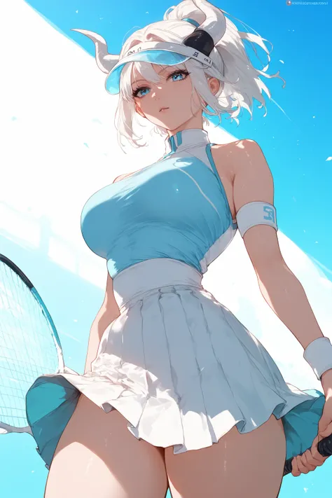 Woman, fair skin, blue eyes, white hair, short hair,, anime style,White wristband, ponytail Horns,White visor, tennis clothes, white skirt, light blue blouse , dragon scales 