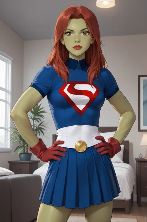 PonyXLV6_ROMPE  ( perfect anatomy ,  perfect eyes), BREAK morzz ,  long hair,  red hair face,  colored skin , green skin, parts,  brown eyes, make-up,  lipstick , courtship, raised eyebrow , (( looking at the spectator)), superhero,  short sleeves, cable, ...