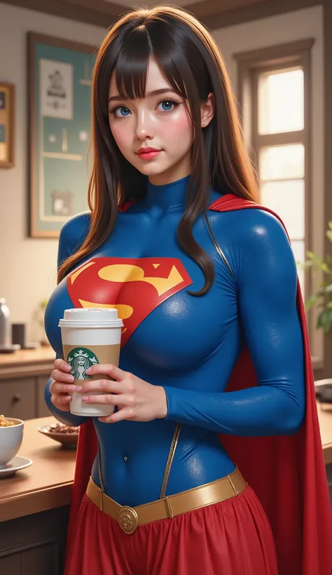 there is a BLUE EYED woman as SUPERMAN that is holding a cup of STARBUCKS COFFEE, anime girl in real life, realistic young BRUNETTE girl, portrait of cute BRUNETTE girl, cute natural anime face, kawaii realistic portrait, realistic anime 3 d style, attract...