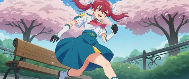  score_9,  score_8_ up the side,  score_7_ up the side,  source_Anime, カナ cherry blossoms木,  twin tails, Red Hair,  pink eye,   hair between eyes , Anime screencap,,  gloves,  skirt,  ascot , black  gloves, Short sleeve,  shirt, elbow  gloves, white  shirt...
