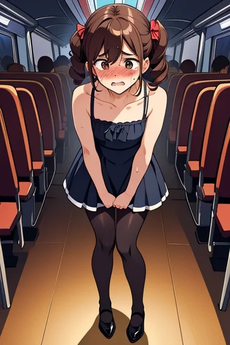 (ultra-detailed, best quality, anatomically perfect body), (full body:1.2), (formal OL dress:1.3), (full of people:1.3), (black pantyhose:1.2), (round face:1.2), (on a bus), (standing:1.4), (leg crossed:1.3),(hand between legs:1.3), (have to pee:1.1),(urge...