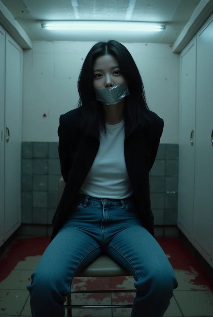  Park Shin Hye is wearing blue jeans and a white T-shirt with a black jacket in old condition, bloody butcher freezer  ,   illuminated by a fluorescent tube  .   The floor and walls are covered with transparent plastic bags  .   she is sitting on a chair  ...