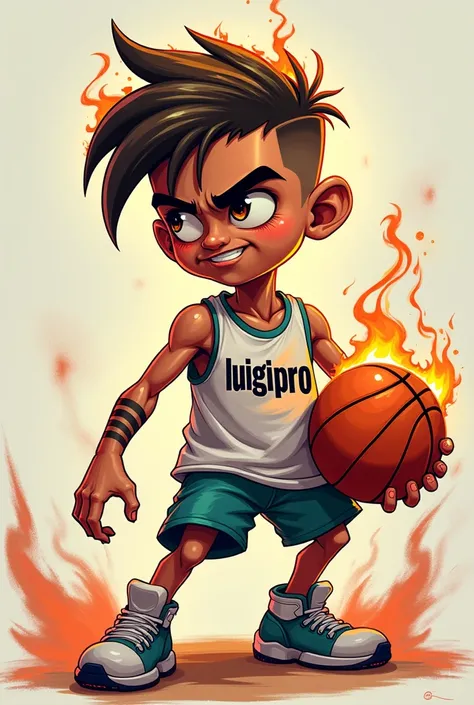 Simple illustration of fresh and rude basketball with a half-sided player with flaming eyes with very short hair and a sign on his shirt that says LuigiPro with small ball