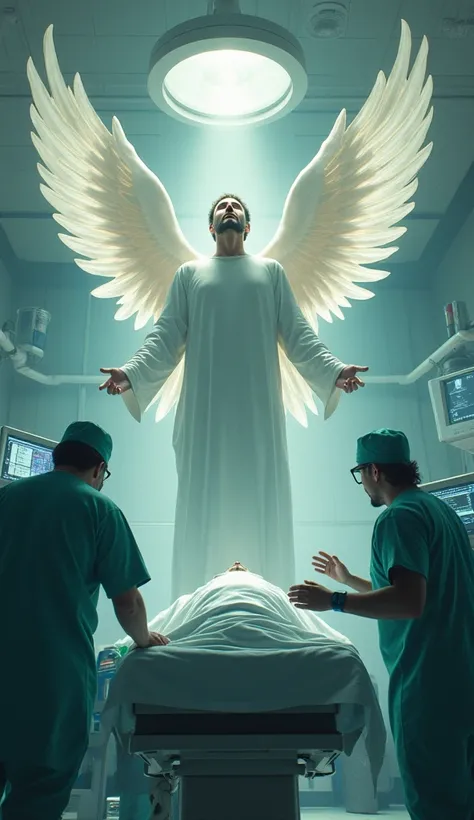 create an image of a very powerful angel calling out to God, He is in the operating room of a hospital where several doctors are trying to save a 's life.