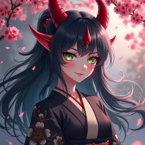 An image of a beautiful demon girl, striking red horns, flowing midnight hair, enchanting emerald eyes, wearing a dark, elegant kimono, surrounded by swirling mist, ethereal glow, a mischievous smile, vibrant cherry blossoms falling.