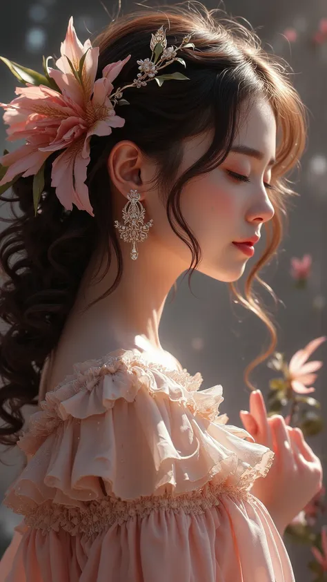 女孩的描繪非常meticulous， creates an atmosphere of romantic mystery Siege， Deep emotional expression ， Sophisticated jewelry ， Brilliant ，meticulous， Soft curly hair ，grace，charming，meticulous的眼睛，grace的姿態， Flower Earrings ，Warmth， Warm atmosphere ， Digital painti...