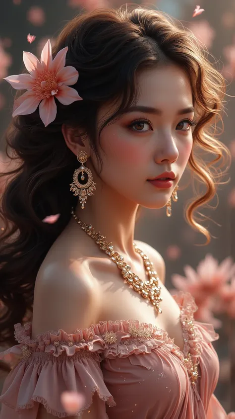 女孩的描繪非常meticulous， creates an atmosphere of romantic mystery Siege， Deep emotional expression ， Sophisticated jewelry ， Brilliant ，meticulous， Soft curly hair ，grace，charming，meticulous的眼睛，grace的姿態， Flower Earrings ，Warmth， Warm atmosphere ， Digital painti...