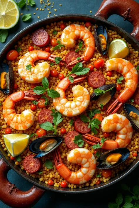 i want TRADITIONAL PAELLA
A FLAVORFUL MIX OF SEAFOOD, CHORIZO, AND SAFFRON-INFUSED RICE, PACKED WITH BOLD SPANISH FLAVORS. the picture must be full and from above