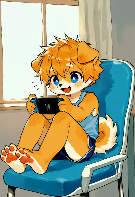 source_ furry， furry male，elementary school students，((boy ，Toddler))，Dog boy  ， masterpiece, best quality, perfect anatomy, bright eyes, detailed eyes, furry, male,cute, smaller male,short hair，1boy  , Alone, Vivid, tank top,  barefoot, soles，indoor, Paw ...