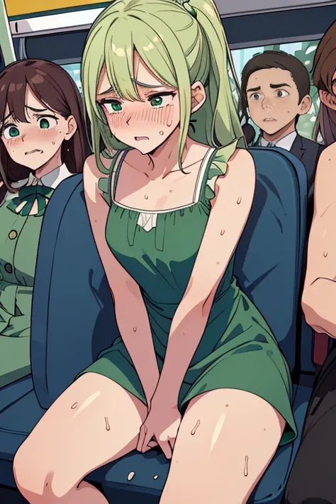 (ultra-detailed, best quality, anatomically perfect body), (full body:1.2), (green dress:1.3), (full of people:1.3), (sitting alongside with her boyfriend), (round face:1.2), (on a bus),  (leg crossed:1.3),(hand between legs:1.3), (have to pee:1.1),(urge t...