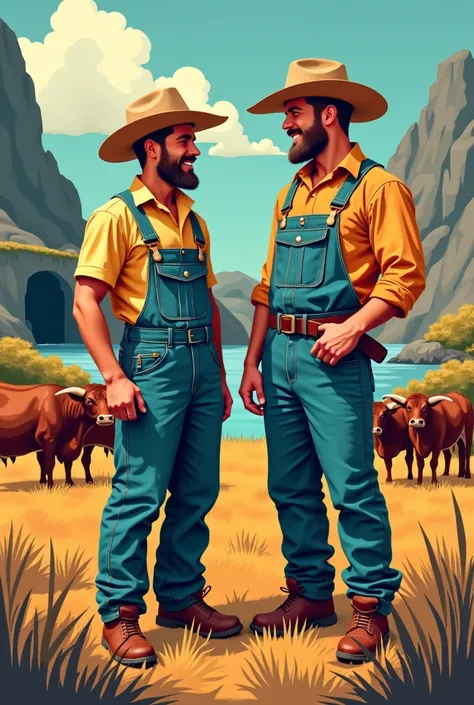 A farmer together with a fisherman and in the background you can see a mining cave and a lot of cattle in the style of retro pop art 