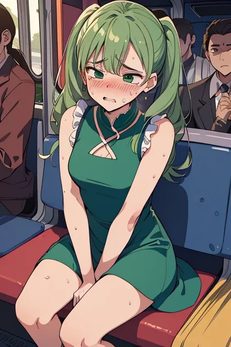 (ultra-detailed, best quality, anatomically perfect body), (full body:1.2), (green dress:1.3), (full of people:1.3), (sitting alongside with her boyfriend), (round face:1.2), (on a bus),  (double-crossed leg:1.4),(hand between legs:1.3), (have to pee:1.1),...