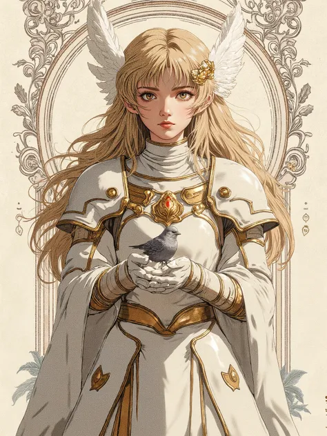  girl, about fifteen years old, with long blond hair and brown eyes, with two white feathers down behind their ears,  armor with a golden lotus clip on her head,  in a delicate white dress with elements of armor with a little gray bird in his hands, white ...