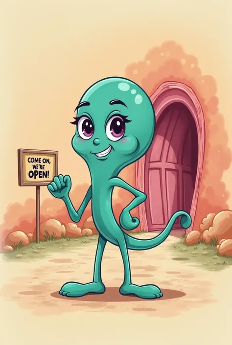 "A cute, cartoon-style sperm character with arms and legs, standing confidently like a race contestant, ready to compete. The sperm has a determined expression. In the background, there's a humorous, colorful illustration of a vagina entrance with a sign t...