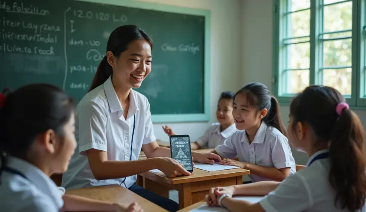 "A Thai teacher is teaching young students in a traditional classroom using AI technology. The teacher appears warm and engaging, interacting with an AI-powered hologram or a digital screen displaying educational content. The students are neatly dressed in...