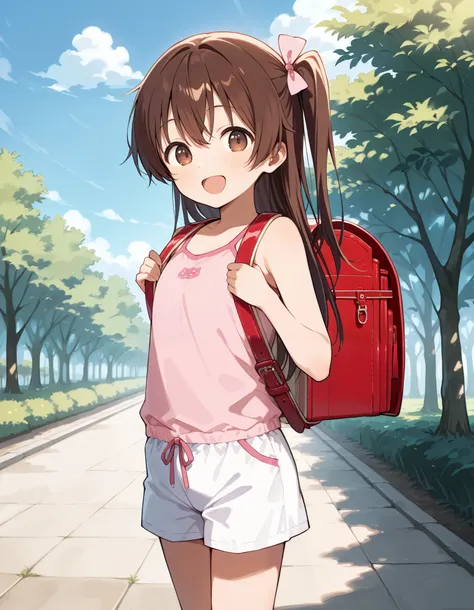 Hd, (littlegirl:1.2) (slender body) (thin body), smile, happy, masterpiece, best quality, highres,2d, anime, 1girl, long hair, one side up, solo, ponytail, brown hair, long hair, hair ribbon, brown eyes, cowboy shot, smile, wearing randoseru backpack, red...