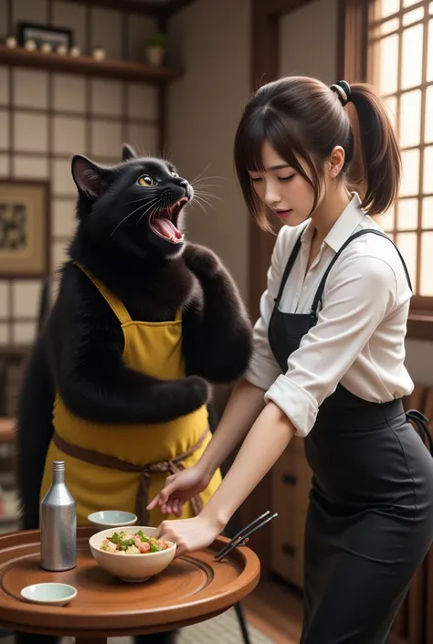 score_9,score_8_up,score_7_up,score_6_up,score_5_up,score_4_up,source_real photo, Ultra-realistic, Photorealistic, Ultra-realistic, photorealistic, dramatic scene, global illumination, In the living room, a huge black cat wearing a yellow striped apron and...