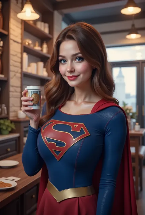 there is a BLUE EYED woman that is holding a cup of coffee, anime girl in real life, realistic young BRUNETTE girl, portrait of cute BRUNETTE girl, cute natural anime face, kawaii realistic portrait, realistic anime 3 d style, attractive anime girl, photor...