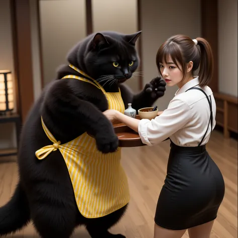 score_9,score_8_up,score_7_up,score_6_up,score_5_up,score_4_up,source_real photo, Ultra-realistic, Photorealistic, Ultra-realistic, photorealistic, dramatic scene, global illumination, In the living room, a huge black cat wearing a yellow striped apron and...