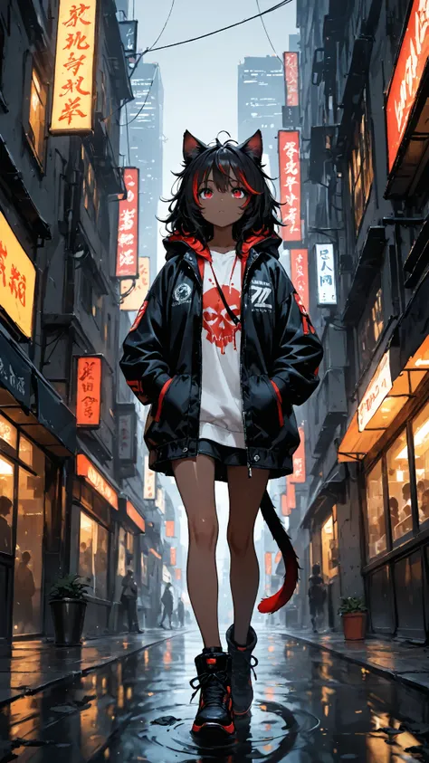  top quality，Cat ears，  black hair ， messy hair， red eyes， eyes with highlights ，Glossy brown skin，Dark Skies，1 girl walking outside the city, hands in pockets