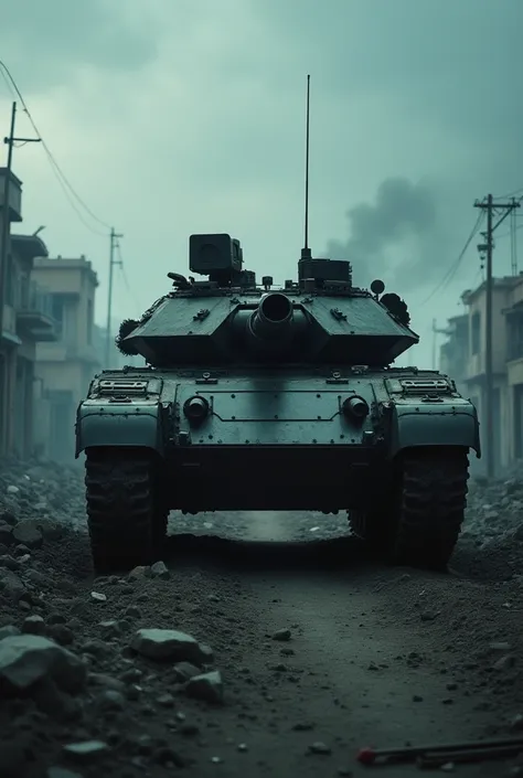 A typical Israeli Merkava tank, front view, typical Palestinian war zone ruins in the background, dark, overcast atmosphere,very realistic, finest details, very natural, cinematic 