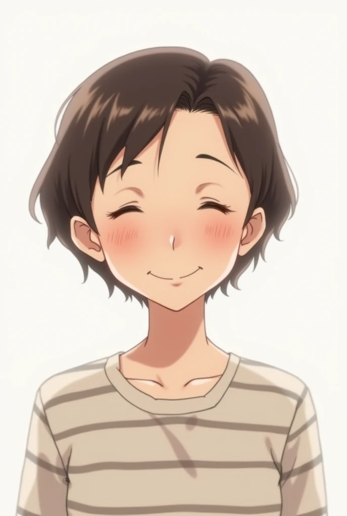 60 year old, short cut smile, gentle atmosphere, dark brown hair, droopy eyebrows, large nostrils, female anime style, gray and white horizontal striped clothes