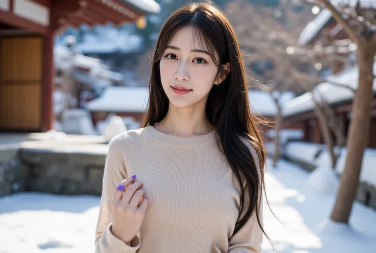 cool woman in her early 30s. She has a very beautiful face and an attractive appearance. She has long black hair mixed with brown, and wears a beige off-white knit dress with long sleeves. She wears black-rimmed glasses. Her nails are purple, and although ...