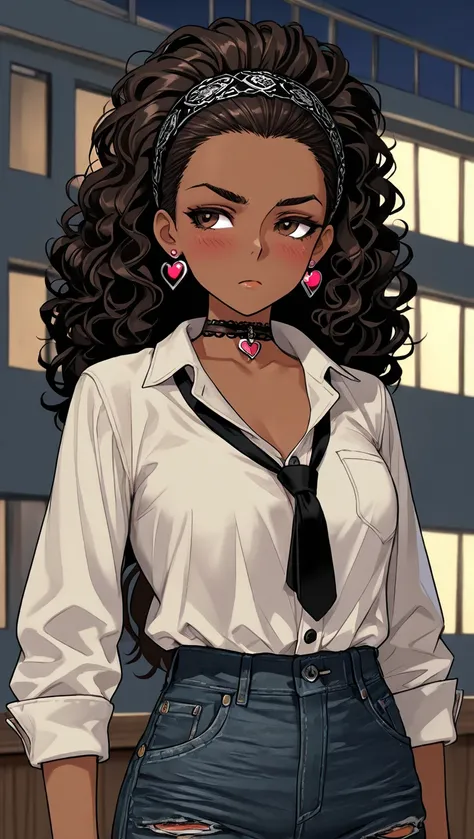 1Girl, Mature, Ebony, African American, Dark Skin, Jet Black Curly Hair, Long Ponytail, Dark Brown Eyes, Medium Chest, Black Button-Up Long-Sleeve Shirt, Black Ripped Jeans, Black Tie, Heart Earrings, Black Hairband, Black Choker, Looking At Afar, Bored, S...