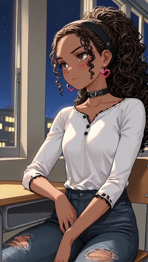 1Girl, Mature, Ebony, African American, Dark Skin, Jet Black Curly Hair, Long Ponytail, Dark Brown Eyes, Medium Chest, Black Button-Up Long-Sleeve Shirt, Black Ripped Jeans, Black Tie, Heart Earrings, Black Hairband, Black Choker, Looking At Afar, Bored, S...