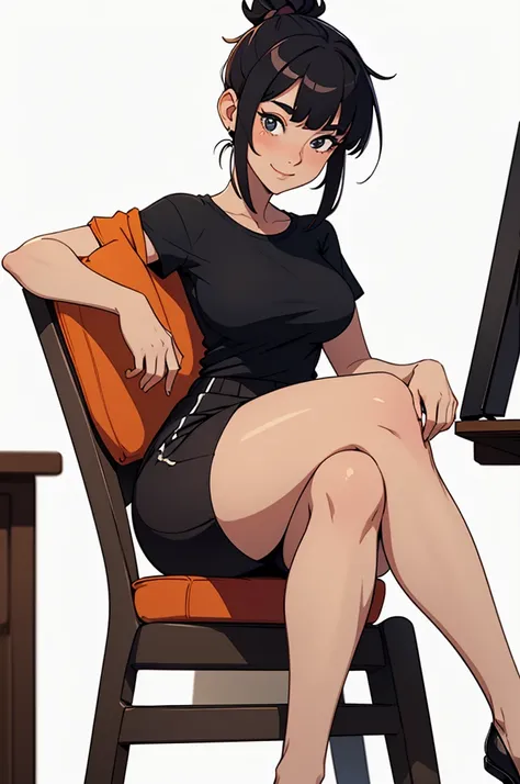 A beautiful woman, with nice curves, slightly thick thighs, tanned, wearing a black t-shirt and a skirt, sitting on a chair with her legs crossed, wearing cheerful clothes, hair tied in a relaxed bun with bangs, LOW POLY style (CUBISM). COMPLETELY WHITE BA...