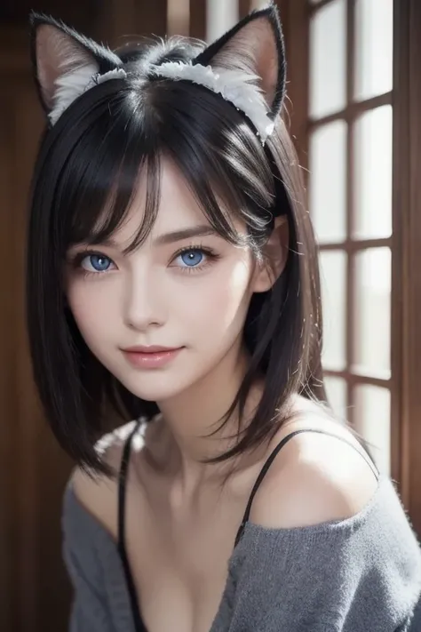 (masterpiece: 1.2, top quality ), (Actual photo, detailed information on dark black hair), 1. Lady, Alone, upper body, casual, hair that reaches the shoulders , minimal makeup , Natural Fibers, face close-up , smile, Home, Gray Hair, blue eyes, cat ears,