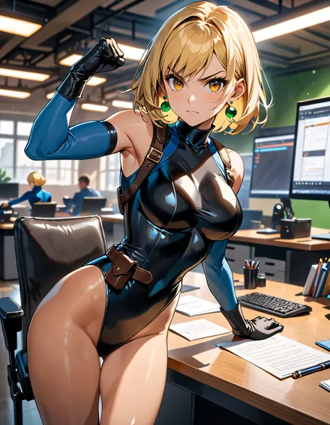 (masterpiece, best quality, high res), solo, solo focus, breasts, british, finger proportions coordination, cute and attractive woman, ((skintight blue shirt, turtleneck, long sleeves)), ((shoulder holster)), ((black elbow gloves, matching ankle-high boots...