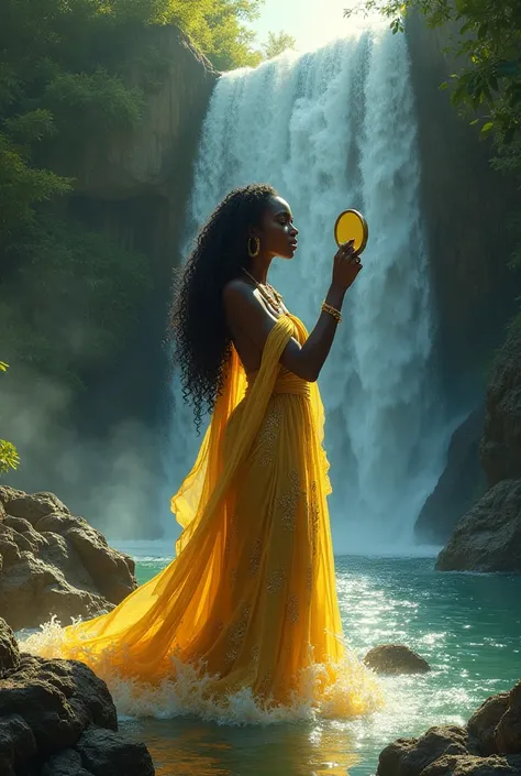  I would like a black woman in gold clothes  , Goddess of the waters,  coming out of a waterfall in the middle of nature .  She looks at herself in the small mirror in her right hand. Artwork painting style .  Archetype of Mom Oxum in Brazil .