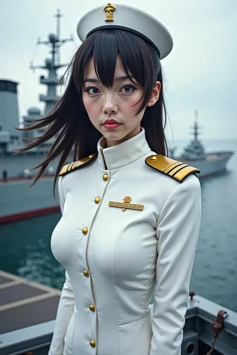  photorealistic,  super real, ( very beautiful Japanese, A famous Japanese idol but Navy Commander :1.3),  wears a tight-fitting white navy uniform,  dynamic angle, On a large battleship,  ready for battle, Watch for enemy ships, (Expression of tension :1....