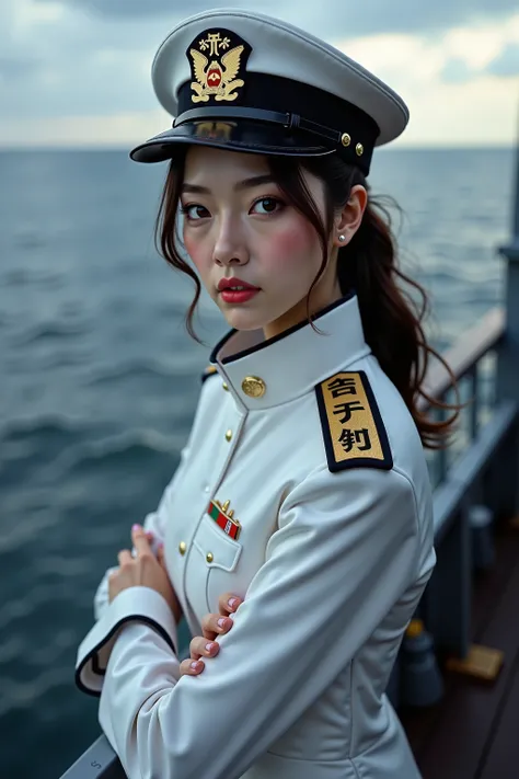  photorealistic,  super real, ( very beautiful Japanese, A famous Japanese idol but Navy Commander :1.3),  wears a tight-fitting white navy uniform,  dynamic angle, On a large battleship,  ready for battle, Watch for enemy ships, (Expression of tension :1....