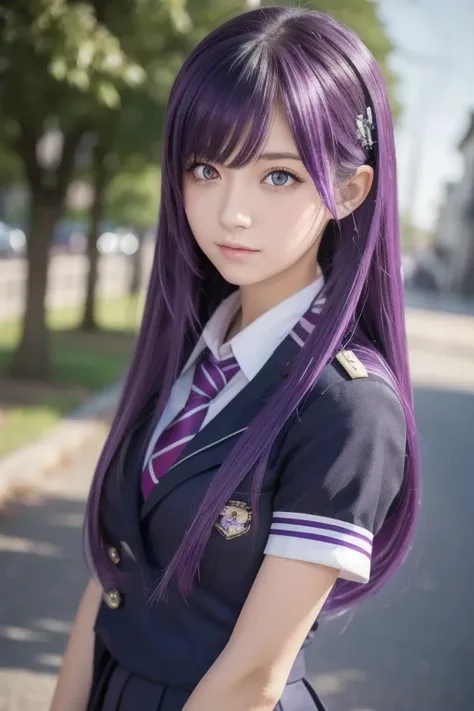 2D, masterpiece,  top quality, Anime,  very detailed,  One Girl , Alone,  purple eyes,  purple hair,   hair between eyes ,  hair clip,  school uniform, Yandere face