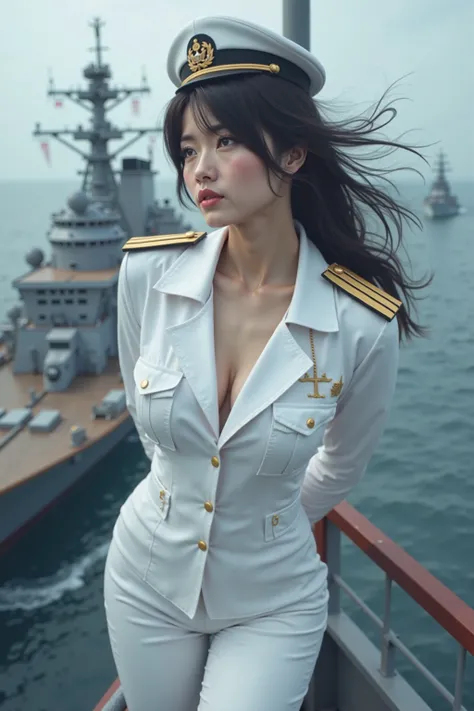  photorealistic,  super real, ( very beautiful Japanese, A famous Japanese idol but Navy Commander :1.3),  wears a tight-fitting white navy uniform,  dynamic angle, On a large battleship,  ready for battle, Watch for enemy ships, (Expression of tension :1....