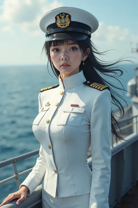  photorealistic,  super real, ( very beautiful Japanese, A famous Japanese idol but Navy Commander :1.3),  wears a tight-fitting white navy uniform,  dynamic angle, On a large battleship,  ready for battle, Watch for enemy ships, (Expression of tension :1....