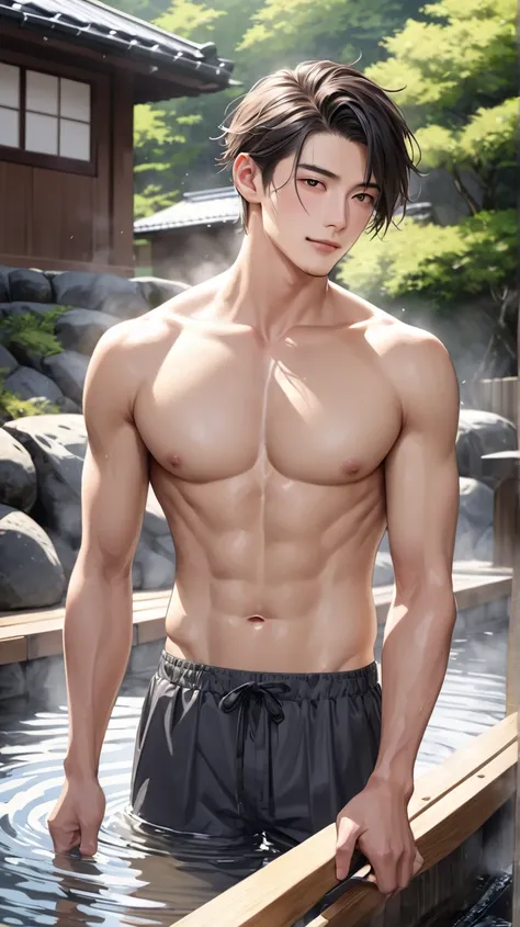 (photorealism:1.2),  very Handsome japanese man, 22-27 year-old, enjoy hot spring in Japan, outfior hot spring