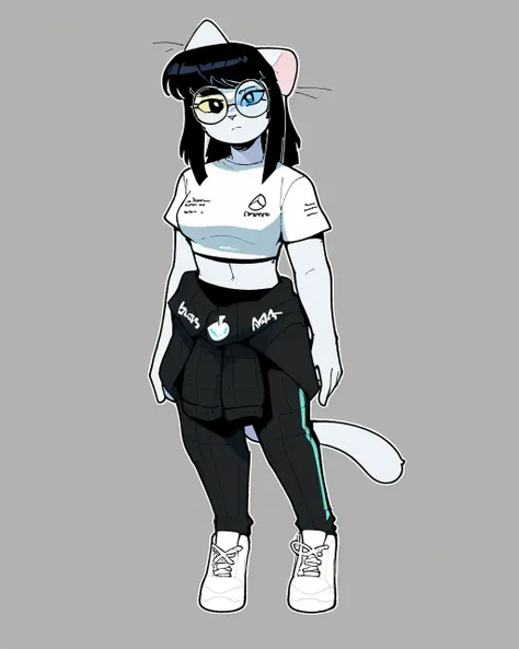 score_9_up, score_8_up, score_7_up, score_6_up, cat, medium breasts, black hair, white body, heterochromia, t-shirt, midriff, female, round glasses, black pants, white sneakers, clothes around waist, cat tail, looking at viewer, solo, neutral expression, t...