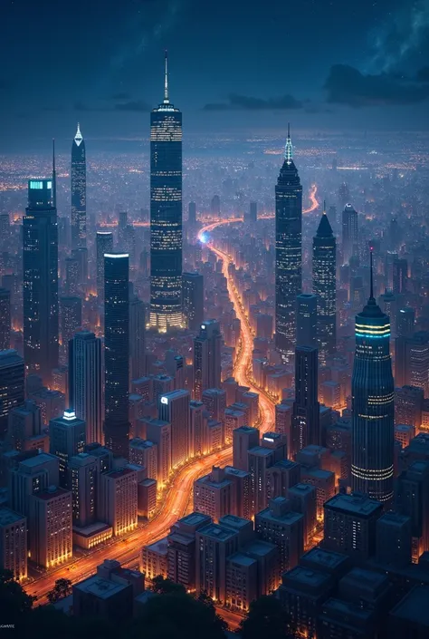  Create an image of the view from above of a city at night with city lights and with buildings, roads and houses, To become a cell phone lock screen place more buildings