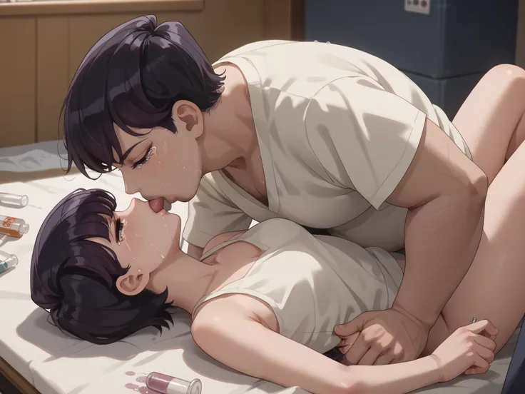 shuuko komi, short hair, black hair, black eyes, half-closed eyes, 1girl, fat man, drugs, rape, Missionary, lying down, legs open, kissing her, crying, from above, Masterpiece, best quality, amazing quality, very aesthetic, anime coloring, masterpiece, bes...