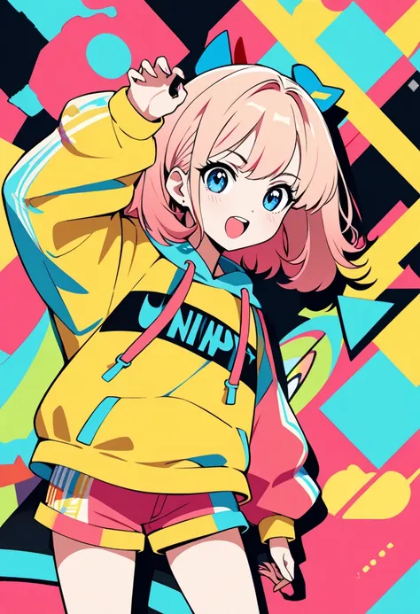  1 girl,Alone, anime style,Claw Pose, vibrant colors, blue eyes, yellow and pink hair  , Stylish Outfit , Large Sweatshirt , bold graphic text, shorts, playful expression ,Ear Accessories,Colorful Belts , flat design ,red dot pattern background , high cont...