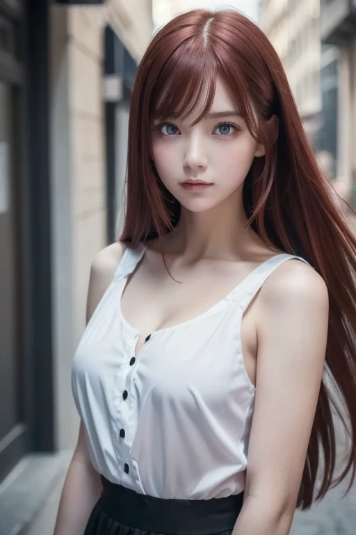 girl with long red hair, heterochromic eye , blue-white skin, flat chest, is wearing a black dress and a crisp pink blouse, A girl of, something that matches a mysterious and strong personality. whole, her look will catch the eye , attract curiosity and an...