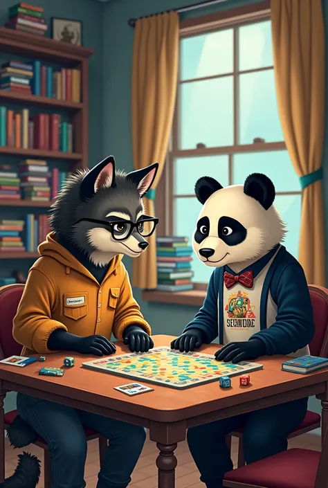 A nerdy Wolf and a geeky panda playing board games together 