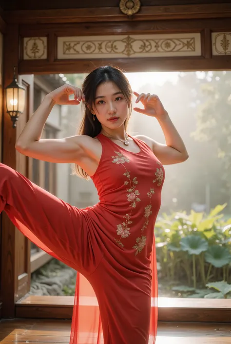 （（（（（Standing Splits））））），“Making a heart shape with both arms，(best quality,4k,highres,masterpiece:1.2),ultra-detailed,(realistic,photorealistic,photo-realistic:1.37),Asian woman in a red cheongsam,strong muscular build,kung fu pose,expressive eyes,rosy c...