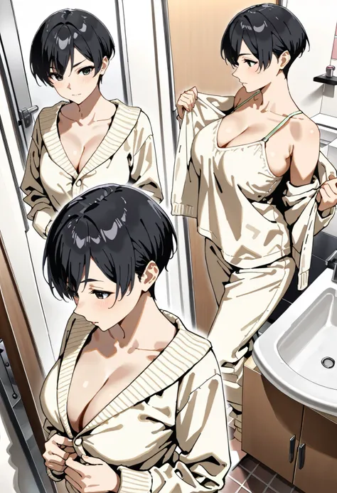 score_9, score_8_up, score_7_up, source_anime, cute boyish girl ,very short hair, defined eyebrows, black hair, Aquiline nose, Techno Cut, big breasts:1.3,(((short stature))), bathroom, undressing, beige loungewear,profile,from above,multiple views,