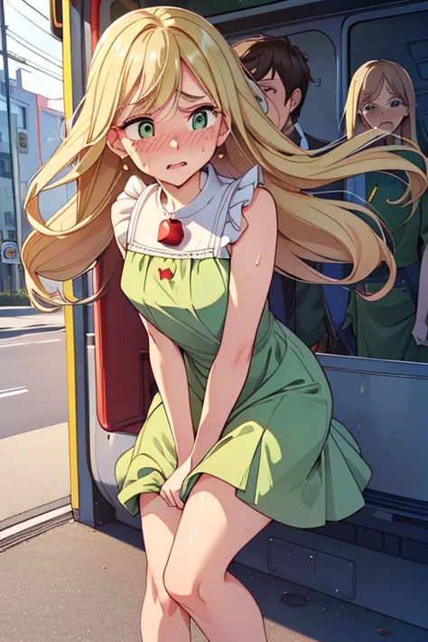 (ultra-detailed, best quality, anatomically perfect body), (full body:1.2), (apple green dress:1.3), (full of people:1.3), (standing:1.4), (round face:1.2), (on a bus),  (leg crossed:1.3),(hand between legs:1.3), (have to pee:1.1),(urge to pee:1.3), (very ...